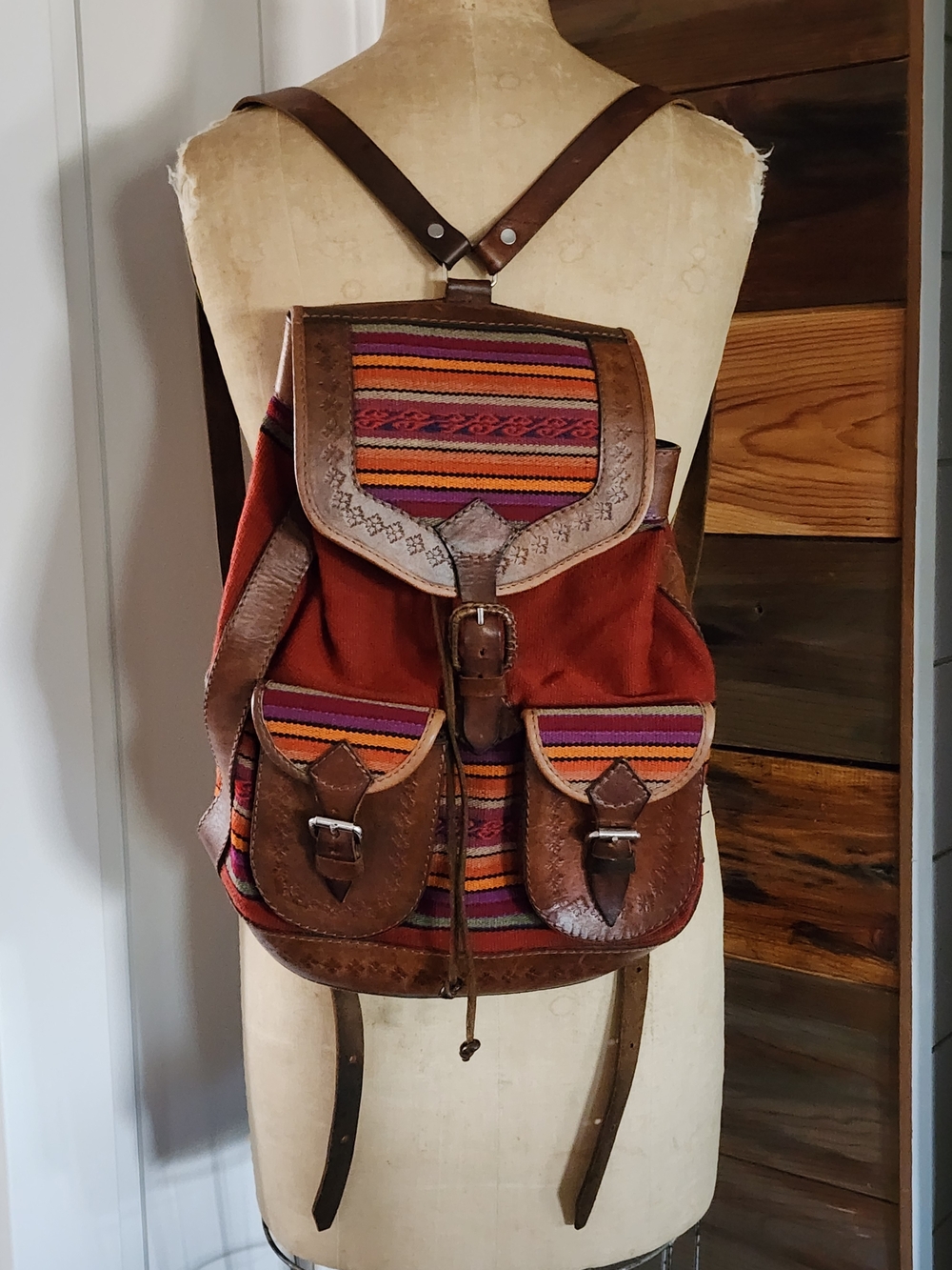 inkkas Brown Leather & Multi-Stripe Kilim Woven Backpack